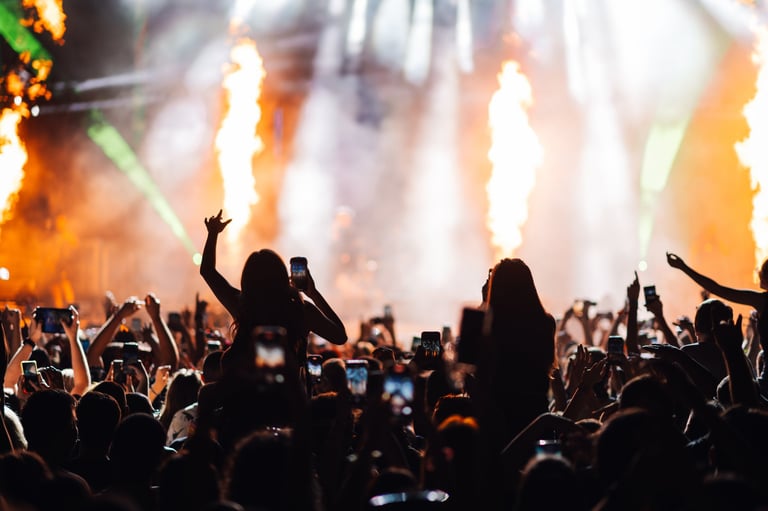 An engaging concert scene with a crowd enjoying a vibrant stage performance, marked by intense lighting and energetic movements, capturing the essence of live music