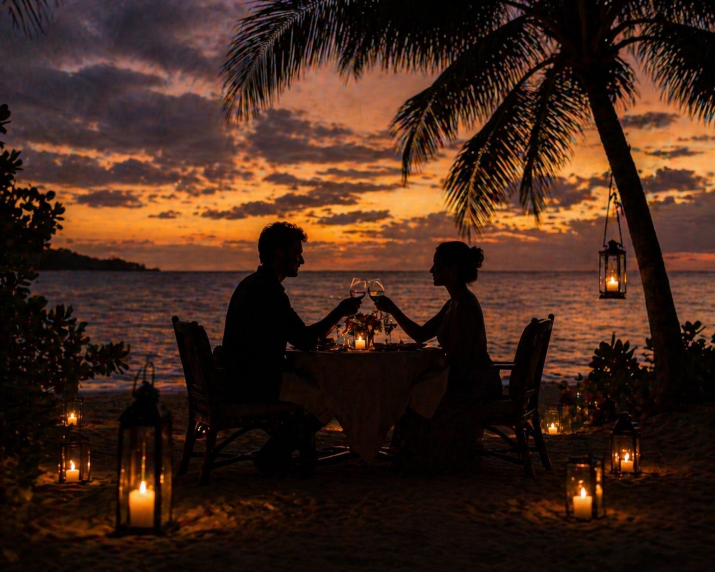 Silhouettes of two people dining by candlelight on a beach at sunset with palm trees and lanterns