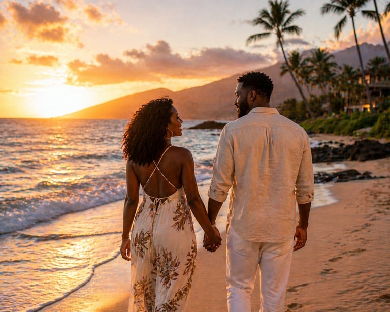 Couple holding hands walking on a beach at sunset with palm trees and mountains in the background
