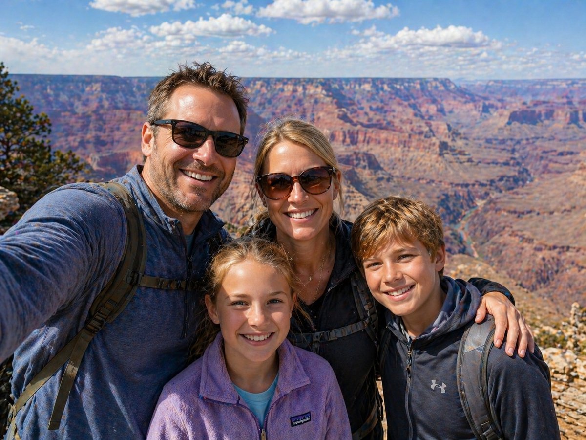 Family of four smiling at the Grand Canyon overlook with canyon landscape and blue sky in background