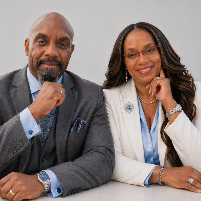 Professional headshot of two well-dressed business professionals posing together against a white background