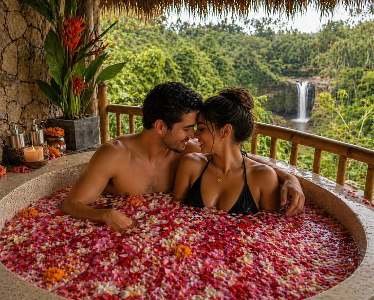 Couple bathing in flower-filled stone tub overlooking tropical forest and waterfall