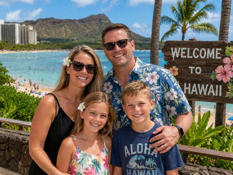 Family of four smiling at a Welcome to Hawaii sign with Waikiki Beach and Diamond Head mountain in the background