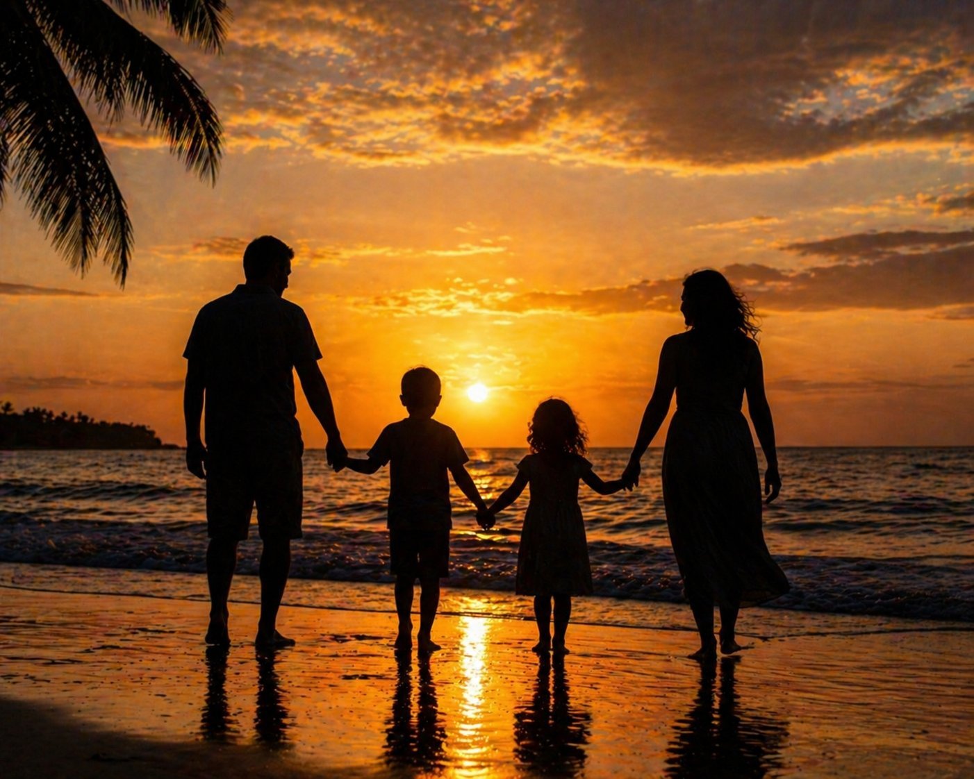 Family of four holding hands standing in shallow ocean water at sunset with golden sky and palm tree visible