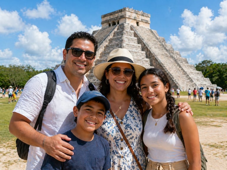 Family of four smiling at a Mayan pyramid archaeological site on a sunny day