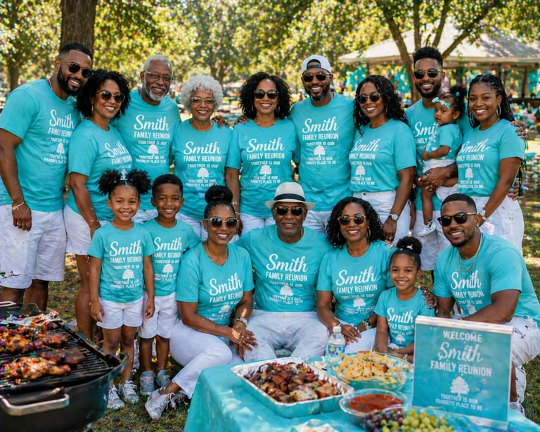 Large family reunion group wearing matching turquoise Smith family t-shirts poses outdoors at a park picnic with food and trees in background