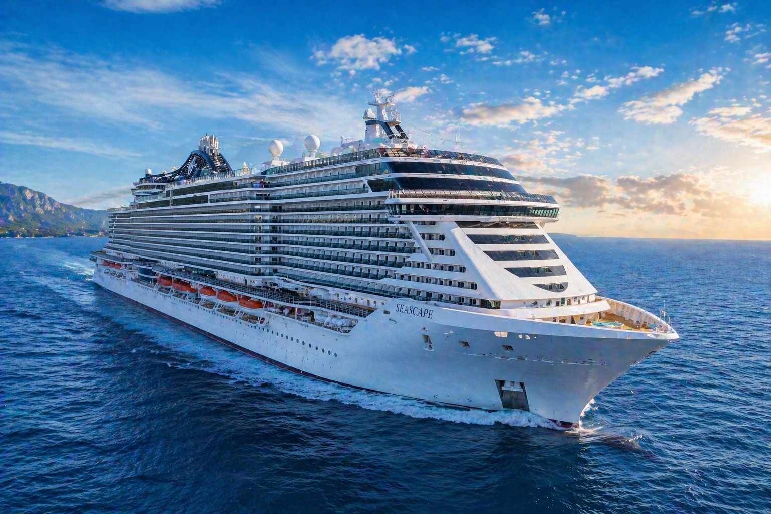 Large white cruise ship sailing on blue ocean with mountains in background under partly cloudy sky