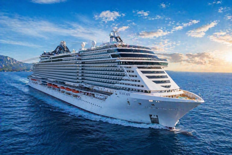 Large white cruise ship sailing on blue ocean with mountains