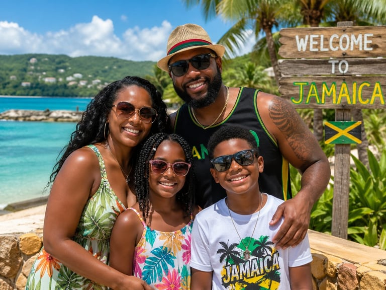 Family of four posing in front of Welcome to Jamaica sign with tropical beach and palm trees in background