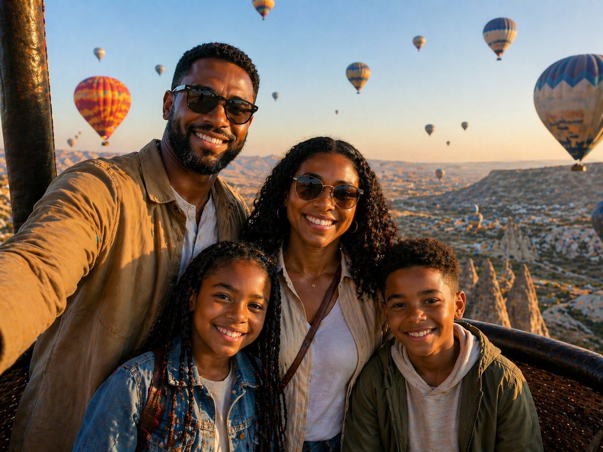 Family of four smiling in a hot air balloon basket with dozens of colorful balloons floating in the sky above a scenic landscape at sunrise