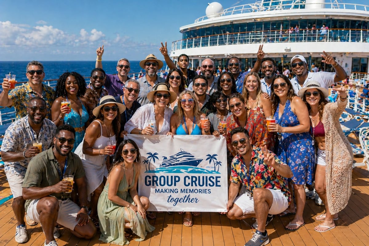 Large group of cruise passengers posing together on ship deck holding a GROUP CRUISE banner with ocean and clear sky in background