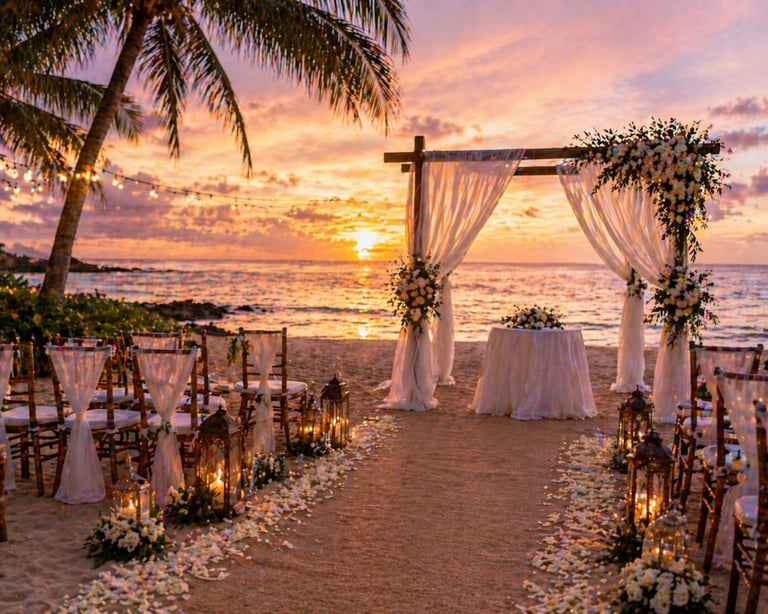 Beachfront wedding ceremony setup at sunset with white draped arch, palm trees, and lanterns lining the aisle