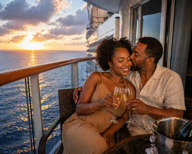 Couple toasting with wine glasses on a ship balcony at sunset over the ocean