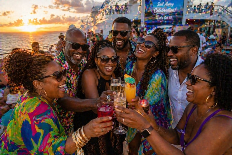 Group of friends toasting drinks at a sunset beach party with colorful clothing and ocean backdrop