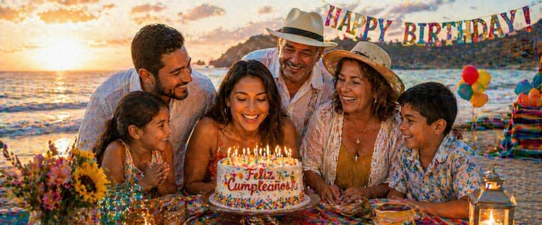 Family celebrates birthday on beach at sunset with cake and colorful decorations