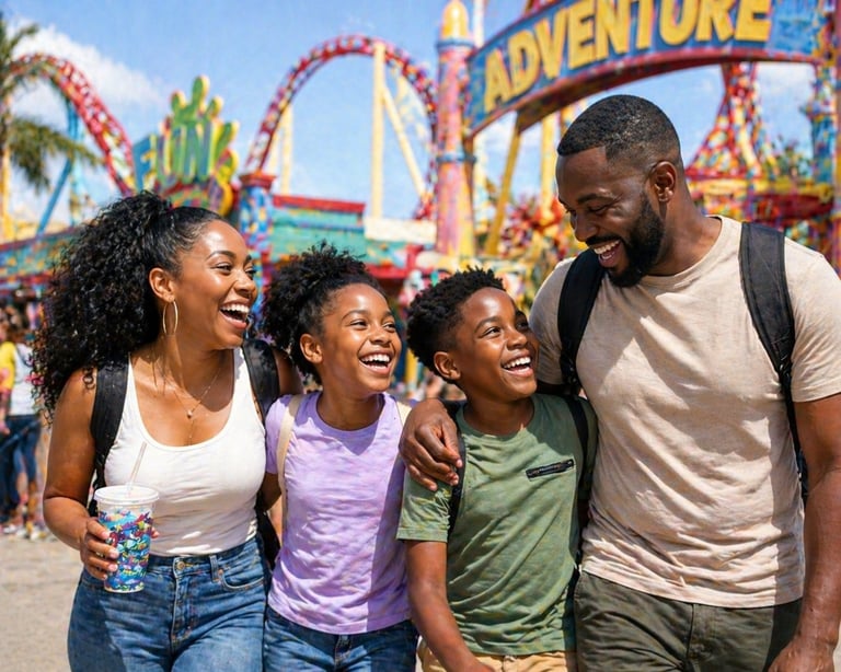 Family of four smiling together at an amusement park with colorful roller coaster rides and palm trees in the background