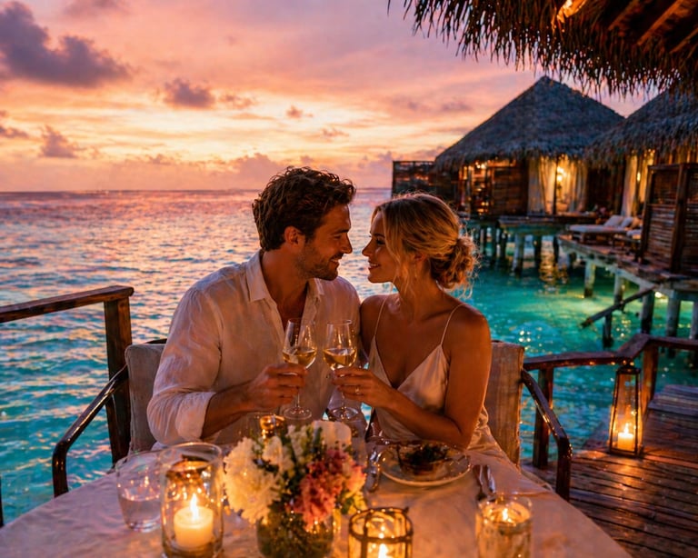 Couple toasting with champagne glasses at sunset dinner table overlooking tropical ocean with thatched-roof bungalows