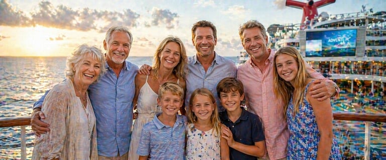 Three-generation family smiling together on a cruise ship deck at sunset over the ocean