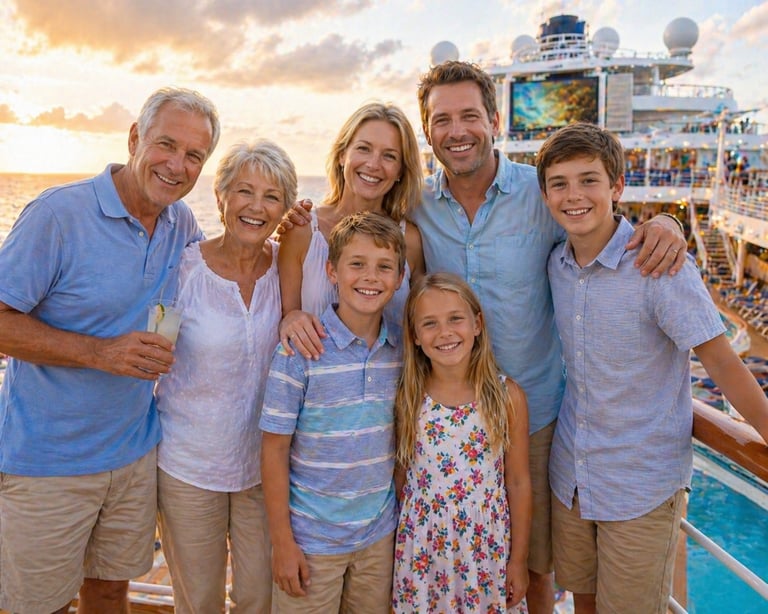 Multi-generational family of seven posing together on a cruise ship deck at sunset