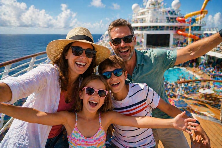 Family of four posing on a cruise ship deck with ocean and pool deck visible in background