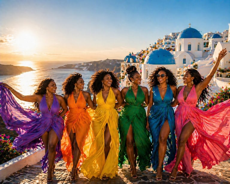 Six women in flowing rainbow-colored dresses posing with fabric billowing in the wind at sunset overlooking Santorini's white buildings and blue domes