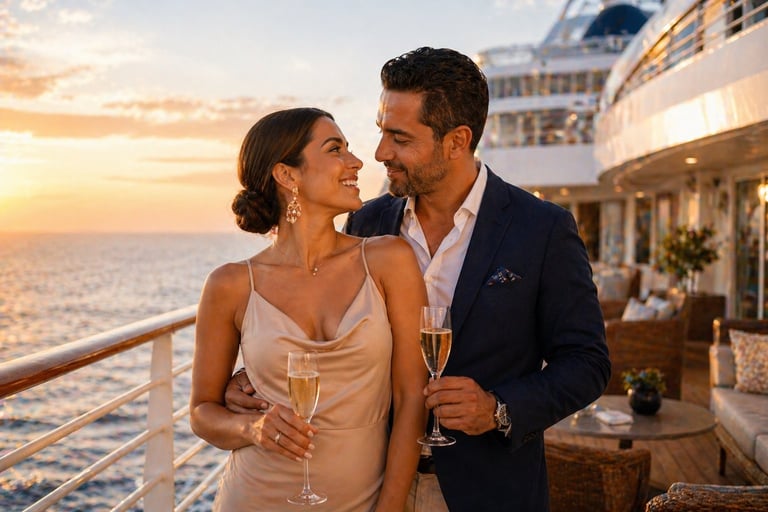 Couple holding champagne glasses on a cruise ship deck at sunset, overlooking the ocean