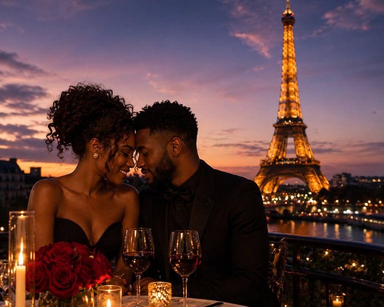Couple dining with champagne glasses overlooking illuminated Eiffel Tower at sunset in Paris