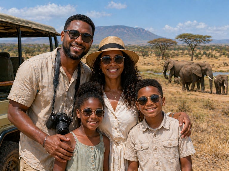Family of four smiling on safari in Africa with elephants and acacia trees in background