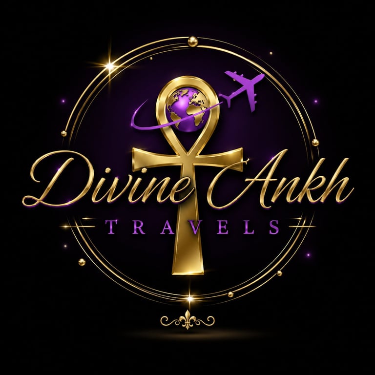 Divine Ankh Travels logo featuring a gold ankh symbol with purple globe and airplane on dark background with circular gold border