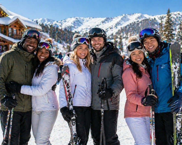Group of six skiers and snowboarders posing together on snowy mountain with snow-covered peaks and lodge in background